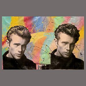 Two male portraits over colorful abstract background