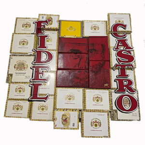 Cigar boxes forming portrait with vertical red lettering