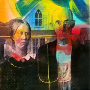Colorful American Gothic couple with pitchfork