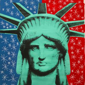 Teal Statue of Liberty head on red-blue background