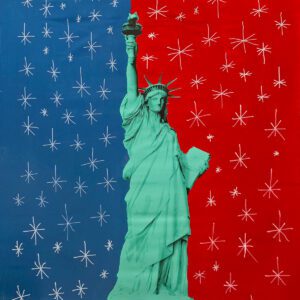 Statue of Liberty against red and blue background