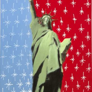 Statue of Liberty against red and blue background