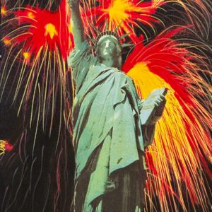 Statue of Liberty with red and yellow fireworks