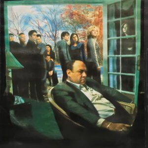 Seated man in chair, group outside window