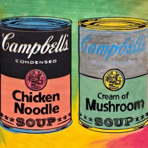 Four Campbell's soup cans on colorful background