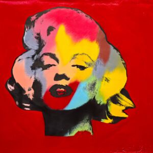 Colorful pop art female portrait, red background