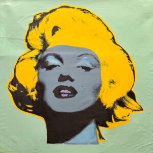 Pop-art portrait of blonde woman on green background