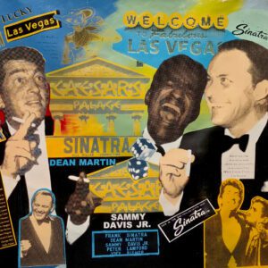 Vintage Las Vegas entertainers collage with casino imagery