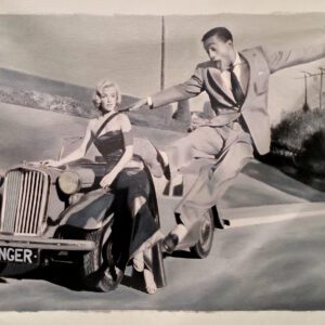 Woman on vintage car, man leaping