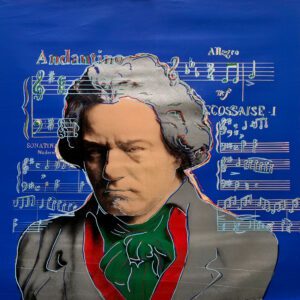 Stylized portrait of man with musical notes