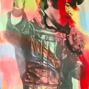 Singer in leather jacket with colorful overlay