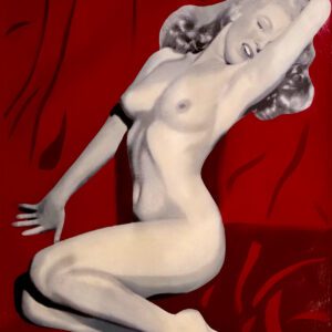 Vintage pin-up nude woman on red background