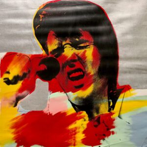 Colorful pop-art singer holding microphone