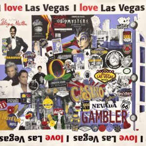 Las Vegas collage with casino signs and icons