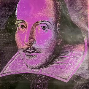 Purple-toned stylized portrait of man in ruff