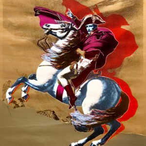 Man in bicorne hat riding rearing white horse