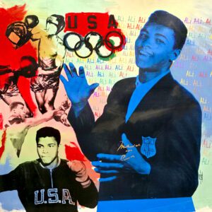Colorful collage of boxer with USA Olympic rings