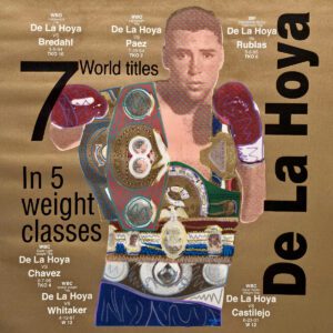 Boxer wearing multiple championship belts poster