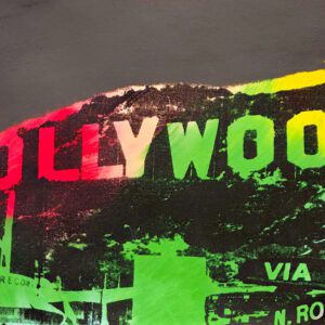 Colorful Hollywood sign pop art with cityscape
