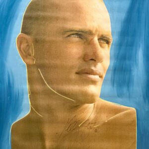Bald man portrait against blue background