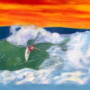 Surfer carving a wave under orange sunset