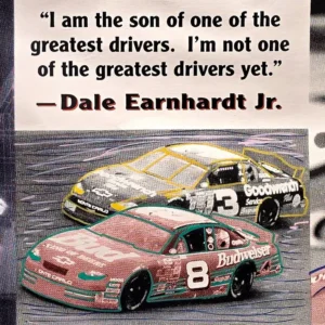 Two stock cars racing beneath an inspirational quote