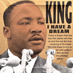 Vintage poster of man speaking at microphones