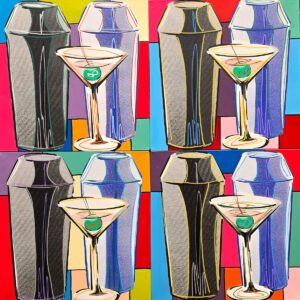 Colorful pop-art martini glasses and shakers