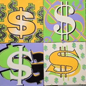 Colorful pop-art collage of dollar signs