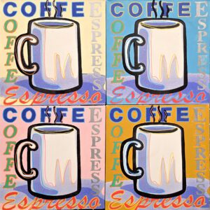 Pop-art coffee mugs with Espresso text